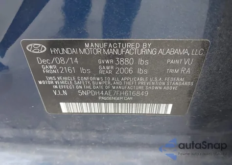 2015 Hyundai Elantra Se/Sport/Limited from USA, damaged, VIN 5NPDH4AE7FH616849